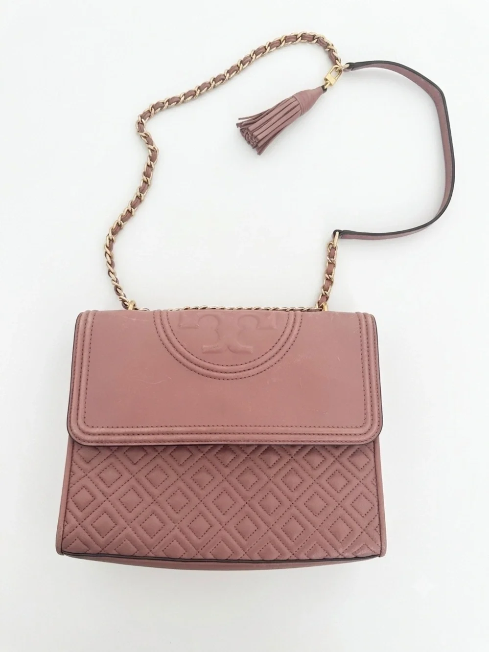 Tory Burch Quilted Crossbody Bag in Dusty Rose with Gold Chain